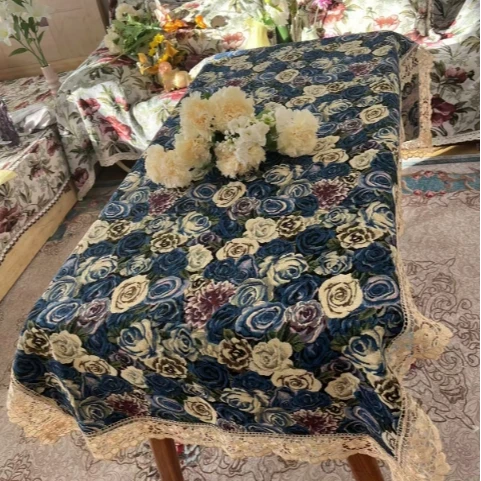 ZN162-286蓝玫瑰【85*220】蓝色妖姬棉麻交织布桌布茶几布