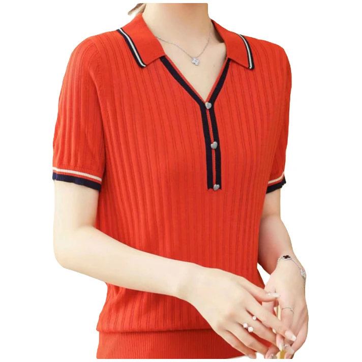 3027夏季时尚拼色V领小衫气质显瘦半袖女 3