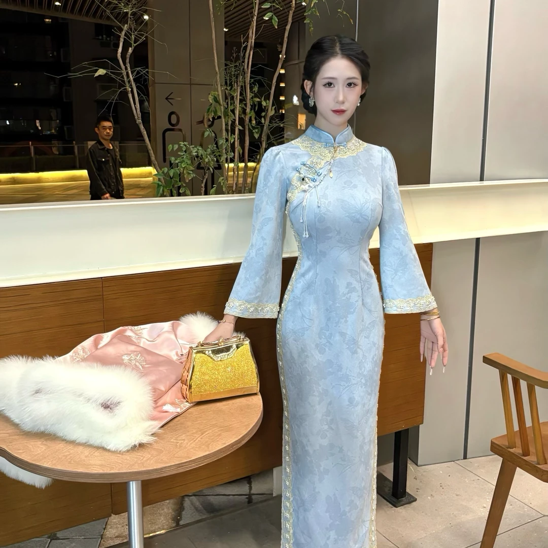 LHMknk1画报夫人原创自制秋冬麂皮绒珠链蕾丝秋季旗袍 婴蓝太太