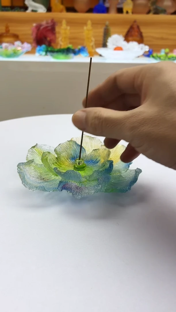 手工艺品琉璃彩色牡丹花线香插12公分