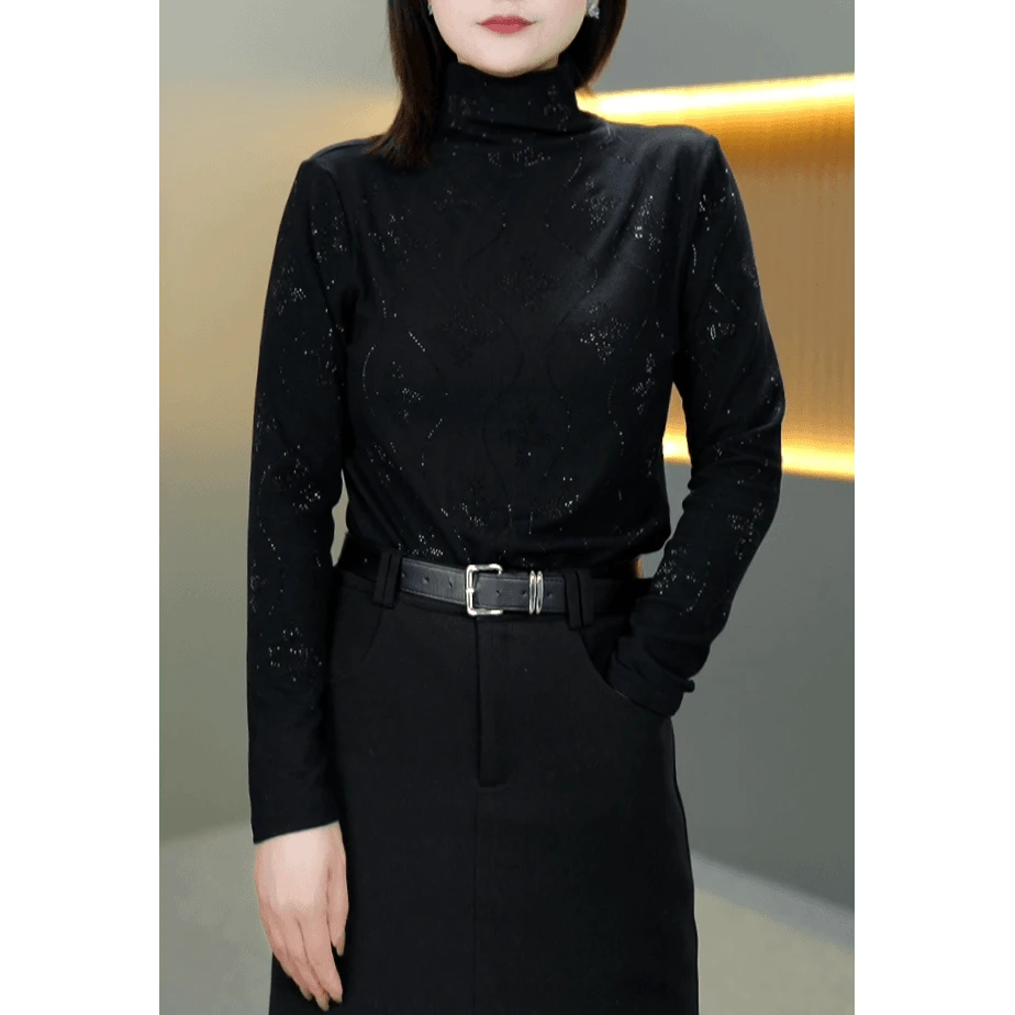 2025新款半高领纯色百搭烫钻长袖休闲T恤气质女修身小衫妈妈装