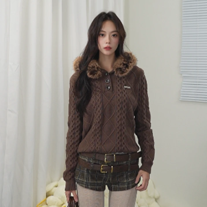 ECHOSTA套头毛衣卡通动漫休闲风针织保暖时尚连帽厚款常规女
