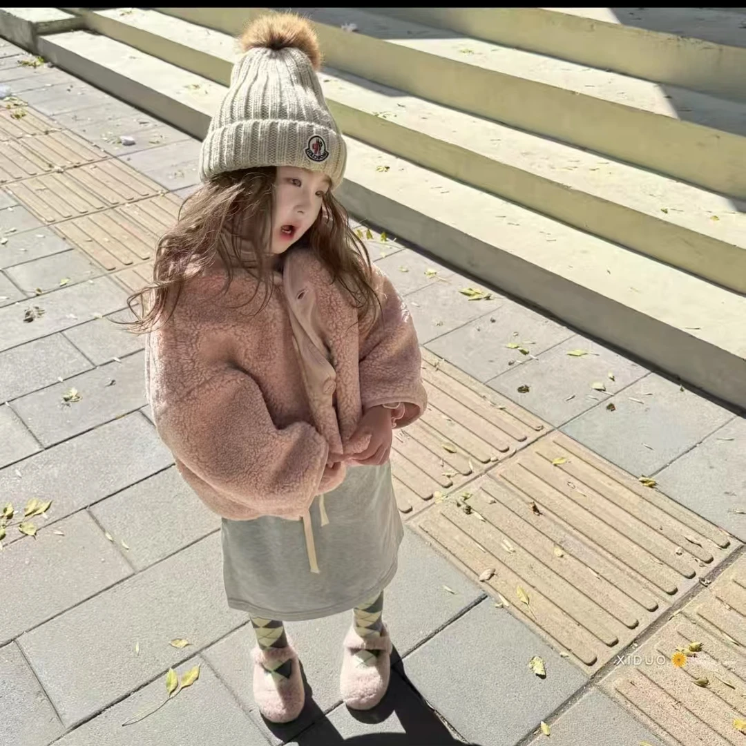 女童2025冬季粉色羊羔毛外套新款甜美洋气保暖圆领单排扣开衫棉袄