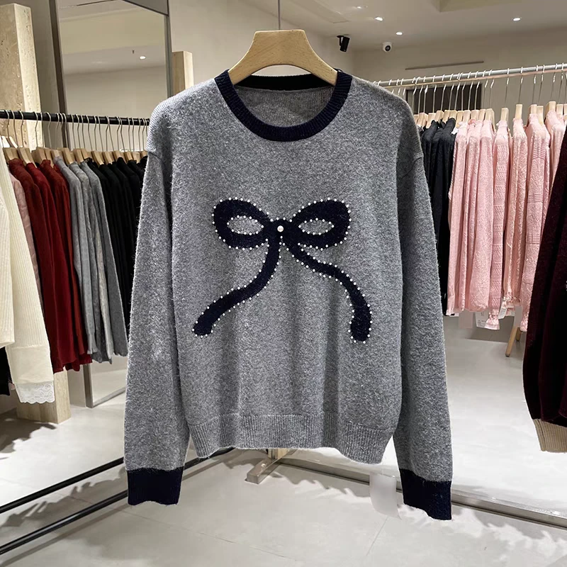 玲姐定制-神秘灰半高领蝴蝶结钉珠针织毛衣280065