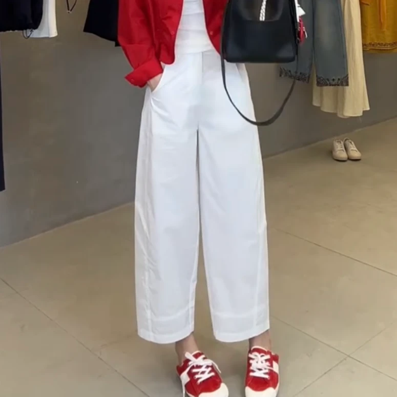 萱贝纯法式气质直筒休闲裤女秋冬薄款时尚结构裤九分宽松速干裤子