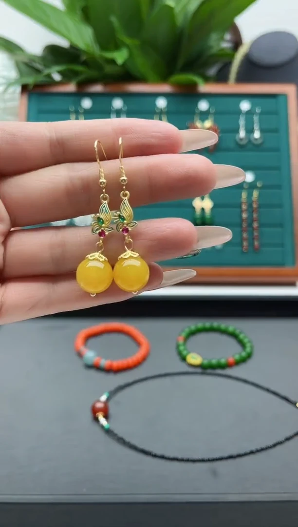 【闪购商品】玛瑙/玉髓耳饰银S925镀金镶嵌10黄玛瑙