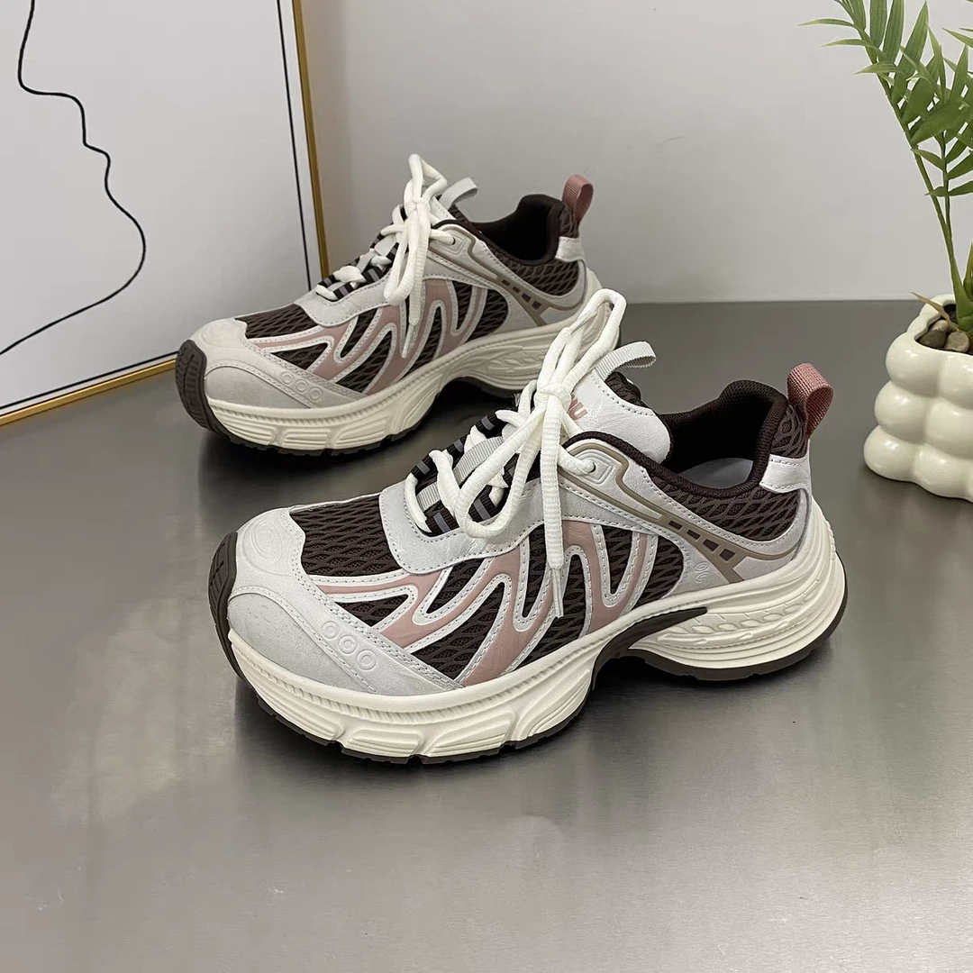 真皮复古拼色网面透气老爹鞋女2025秋季新款显脚小厚底运动休闲鞋