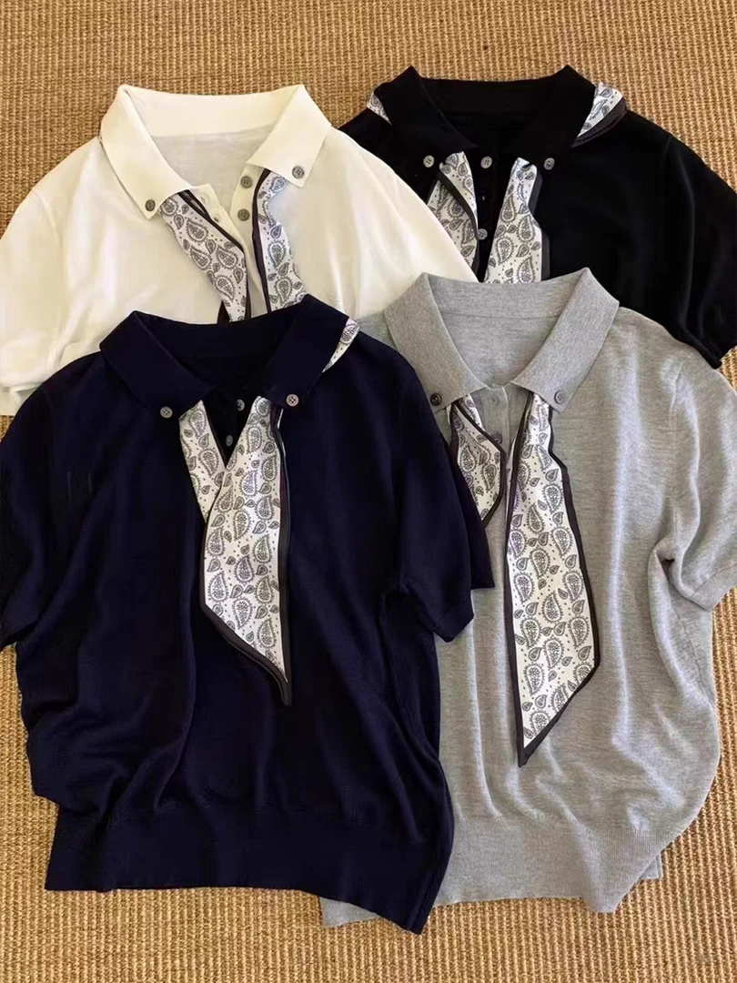 夏季新款凉感针织衫套头短袖丝带宽松女装上衣翻领显瘦百搭DD