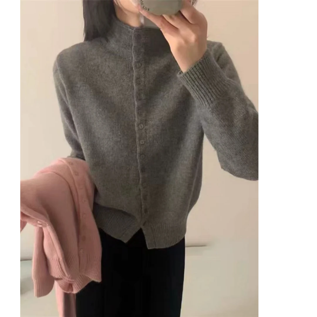 灰色~立领长袖针织开衫秋冬单排扣时尚设计感针织衫打底