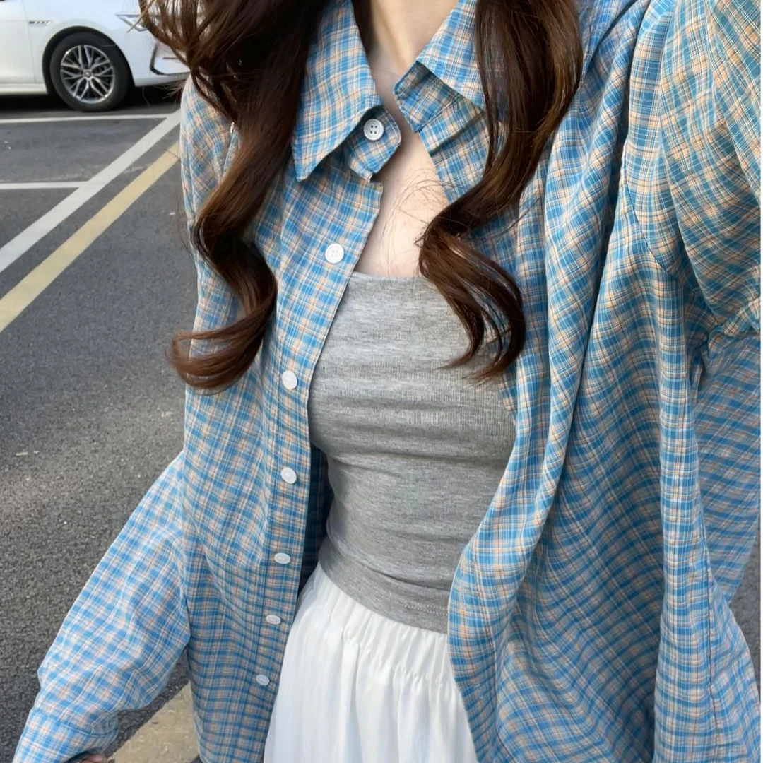 鑫鑫同学格子衬衫女春季设计感蓝色格子休闲显瘦女百搭慵懒衬衫