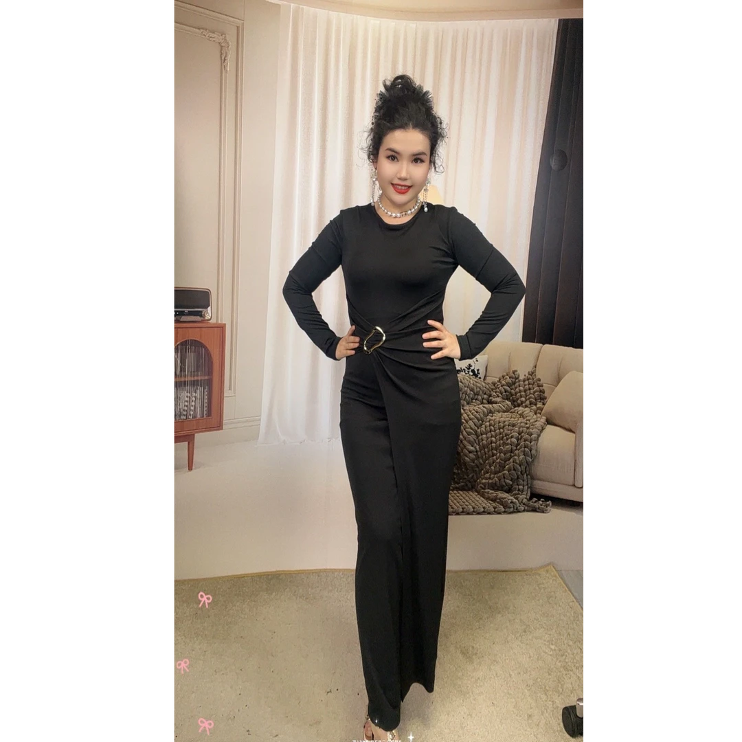 987【娜子】圆领气质洋气修身黑色春季新款连衣裙