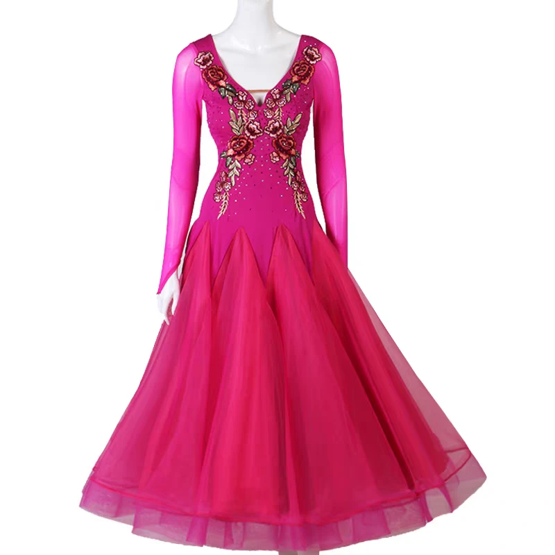 V领摩登舞演出服比赛服长袖摩登舞裙新款交谊舞服国标舞大摆裙