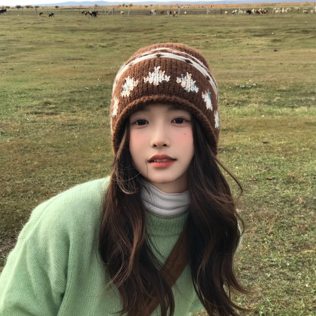 复古提花费尔岛针织毛线帽女秋冬保暖显脸小包头帽卷边冷帽爆款