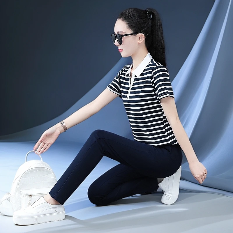2025新款女短袖宽松POLO衫运动服套装翻领舒适显瘦百搭两件套