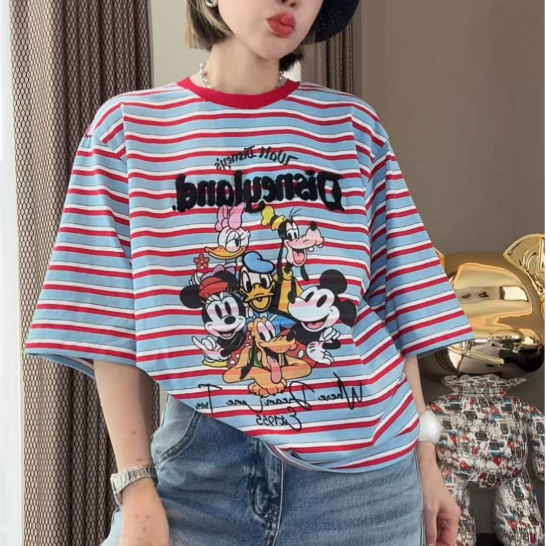 7284#【炫妈】米奇唐老鸭条纹短袖 时尚显瘦设计