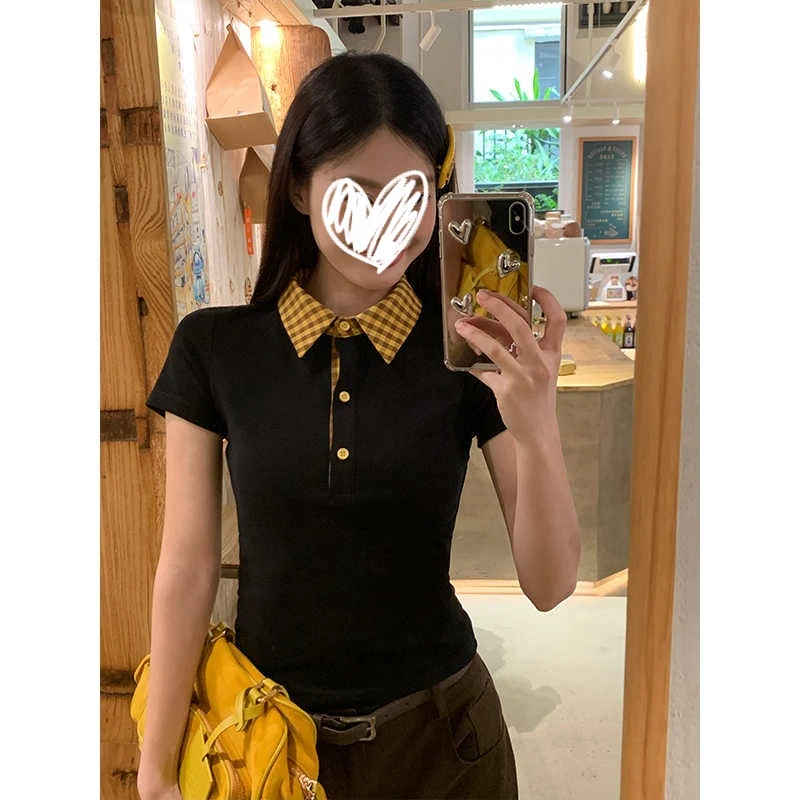 小众学院风拼格子撞色黄格子设计短袖修身T恤