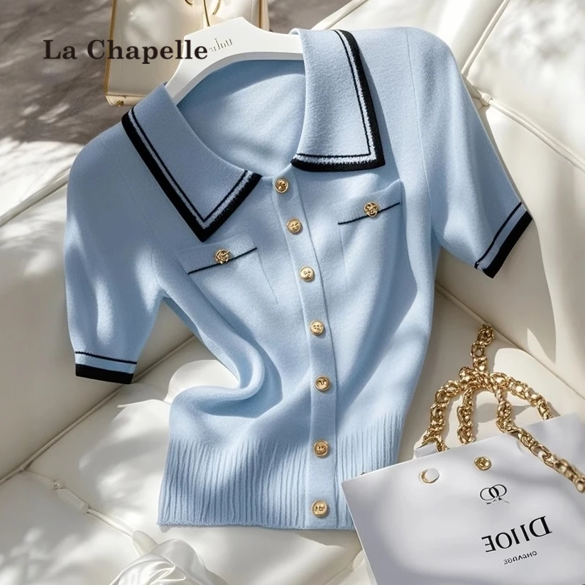 拉夏贝尔小香风蓝色polo领针织短袖T恤女夏季设计感独特撞色上衣