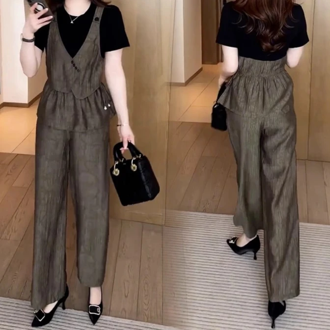 【现货】时尚套装女2025夏季新款洋气显瘦短袖上衣阔腿裤休闲两件套