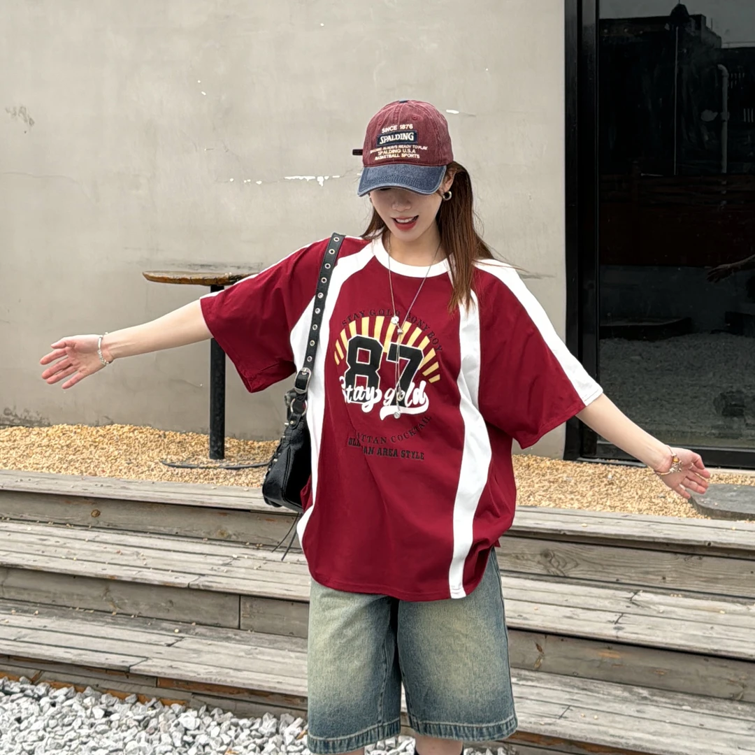 新款美式复古拼接印花T恤男女情侣装潮牌宽松休闲百搭短袖上衣