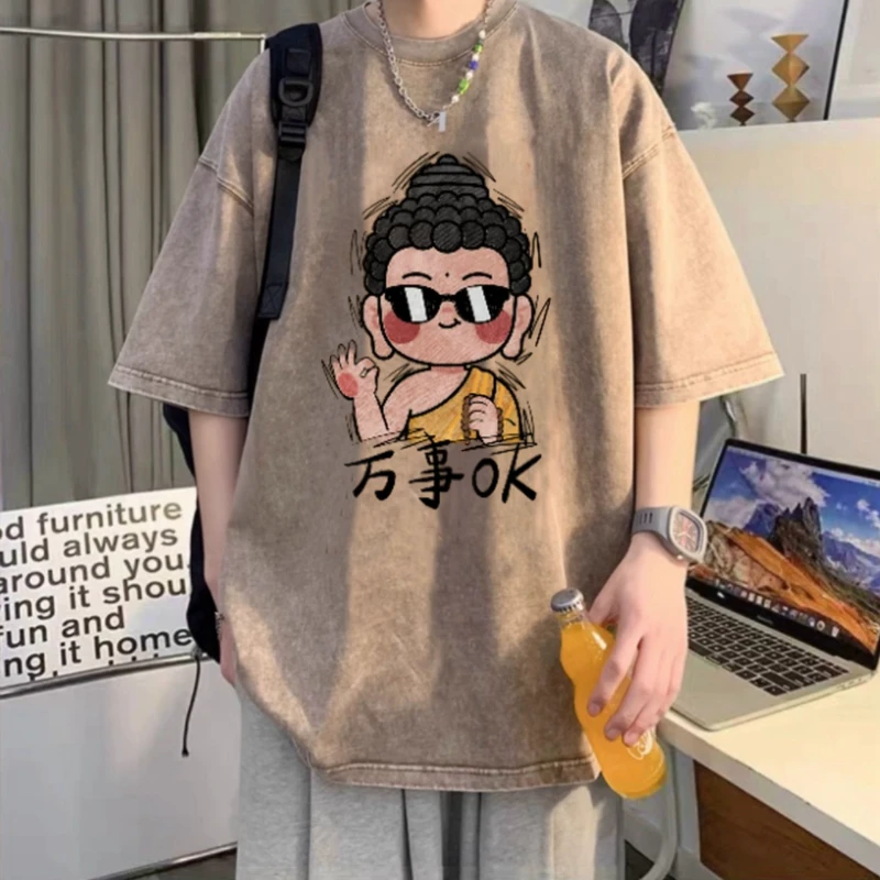 美式复古水洗做旧重磅纯棉T恤ins男女短袖潮牌潮流宽松休闲半截袖