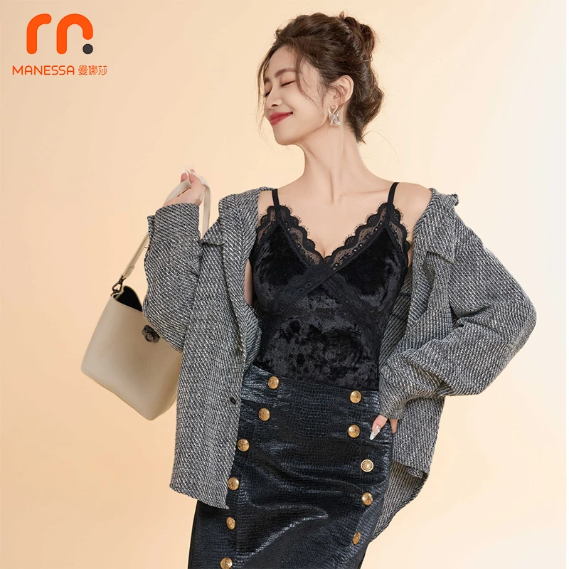曼娜莎丝绒保暖轻奢新款背心女秋冬睫毛蕾丝吊带修身显瘦打底上衣