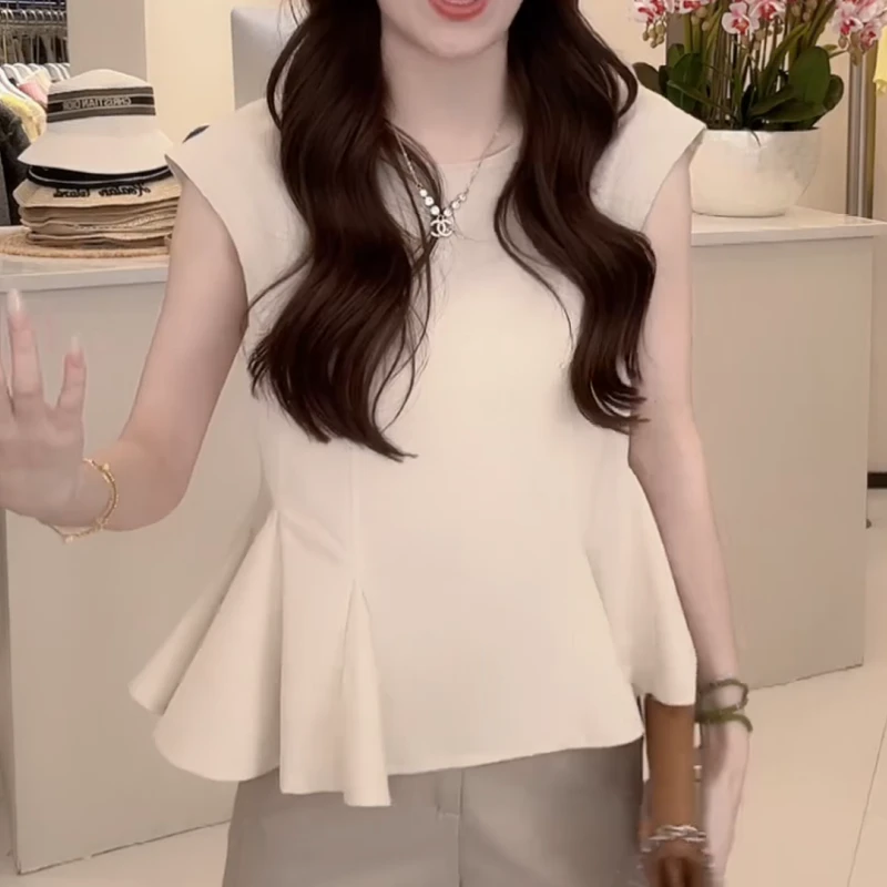 2025夏季新款韩版简约荷叶边高级感设计感小众无袖衬衣LK2503550