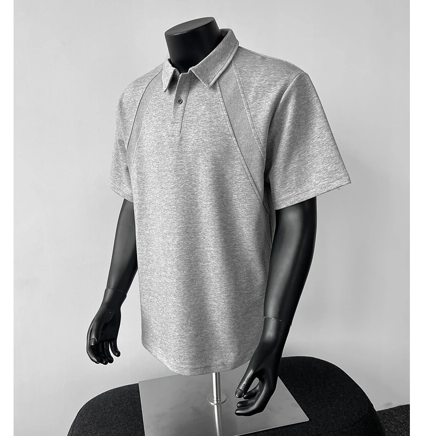 空气层解构拼接亨利领短袖男t恤夏季美式潮牌老钱风重磅polo衫