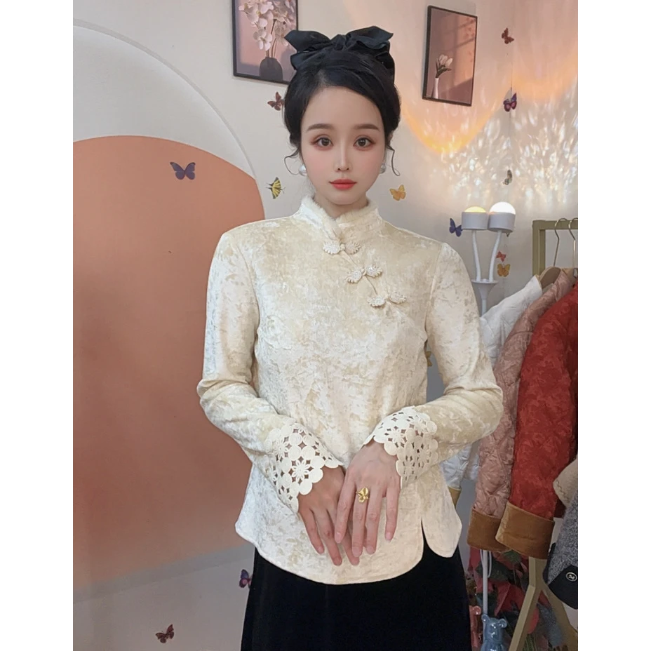 2025新款冬季加绒加厚新中式钻石盘扣拼接蕾丝袖口国风打底上衣