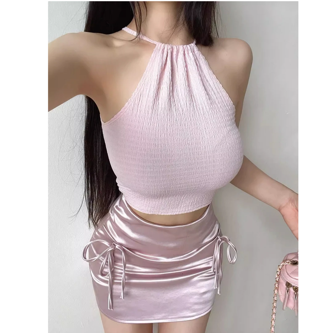 M5368辣感甜心~复古辣妹露背挂脖女镂空短款吊带背心上衣女