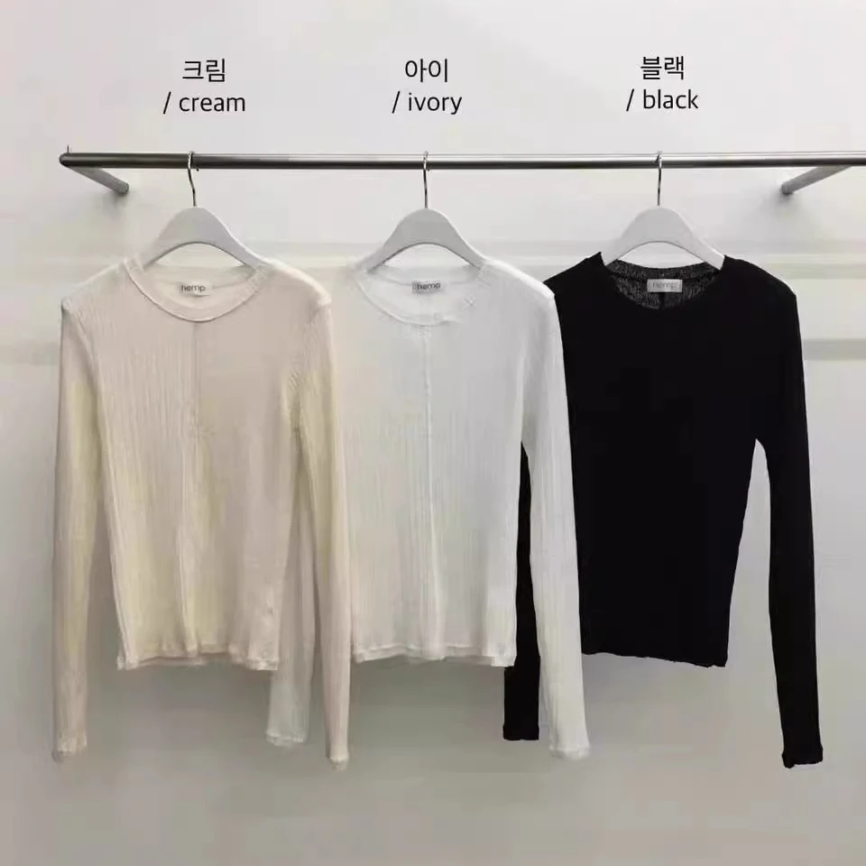 泡菜~东大门hemp2025春温柔气质竖坑纹显瘦打底长袖T恤