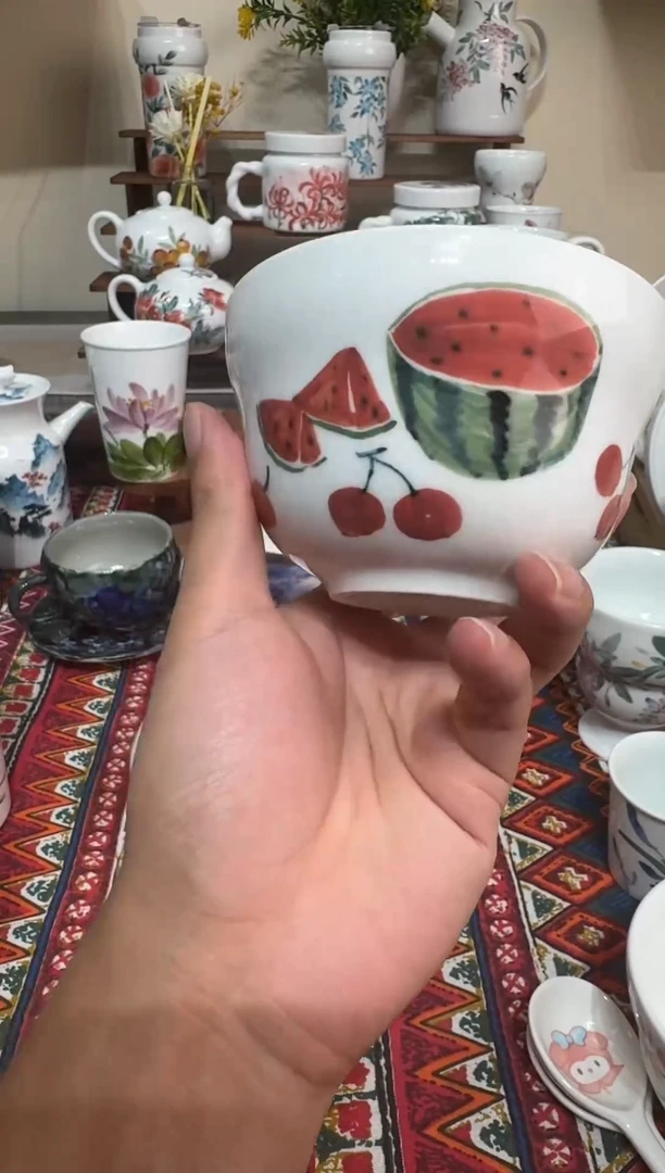 摆件景德镇手工陶瓷西瓜米饭碗