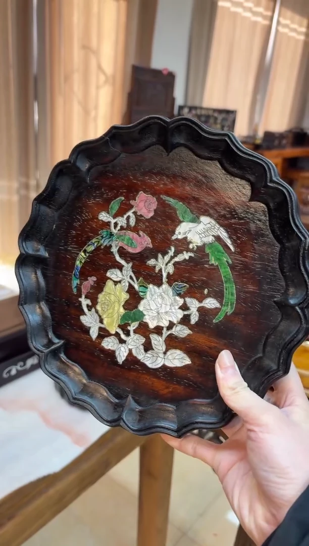 木紫檀螺钿长尾鸟茶盘