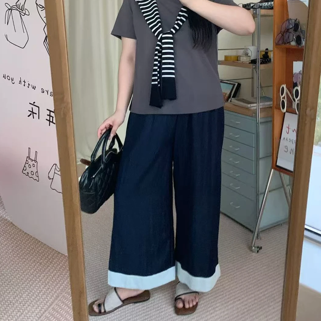 微胖大码设计感直筒休闲宽腿拼色翻边直筒裤 5715