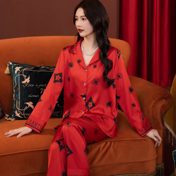 上海故事长袖睡衣女爆款新款红色几何大码网红时尚家居服