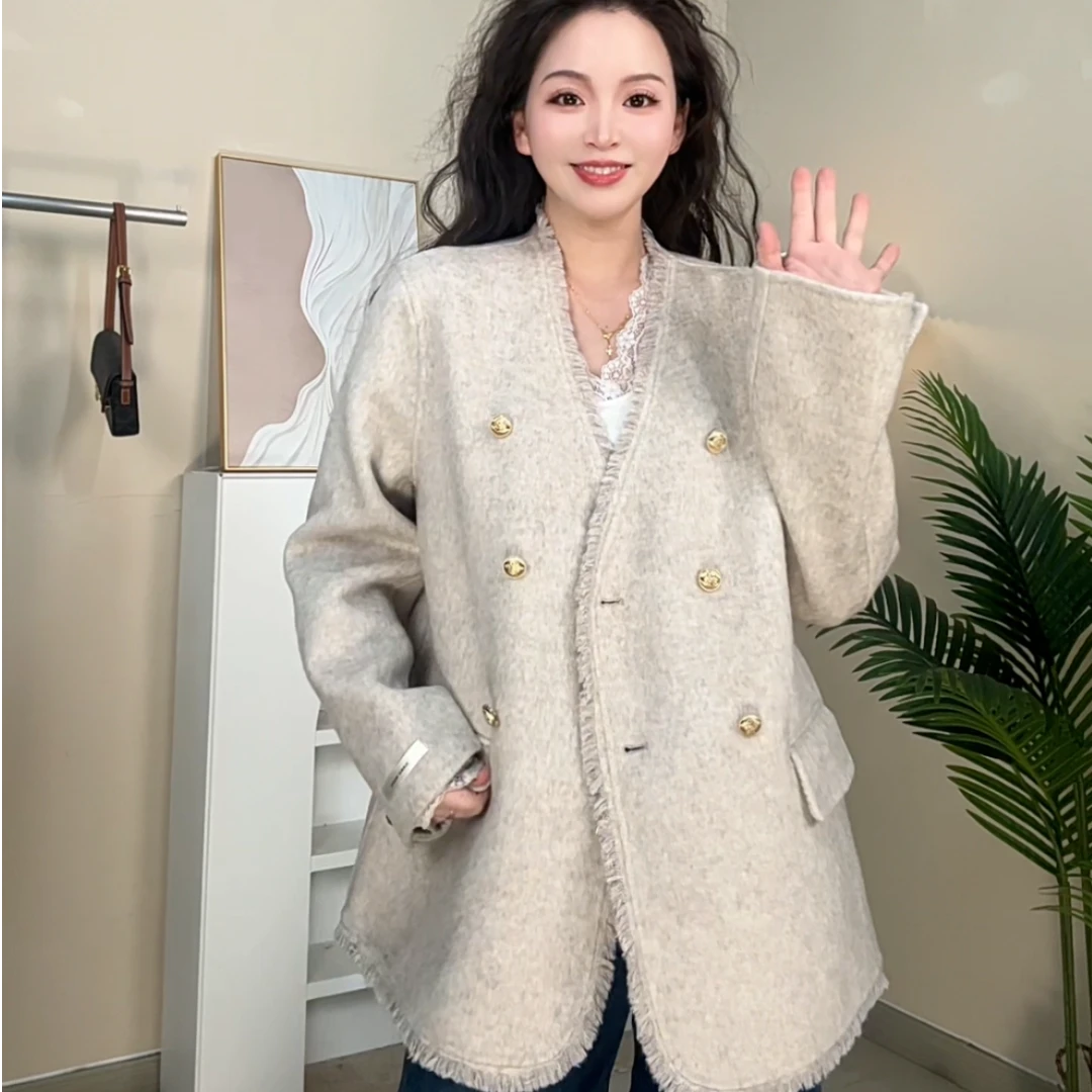 小香风双面呢大衣女中长款V领毛呢外套秋冬2025春秋气质女款8058