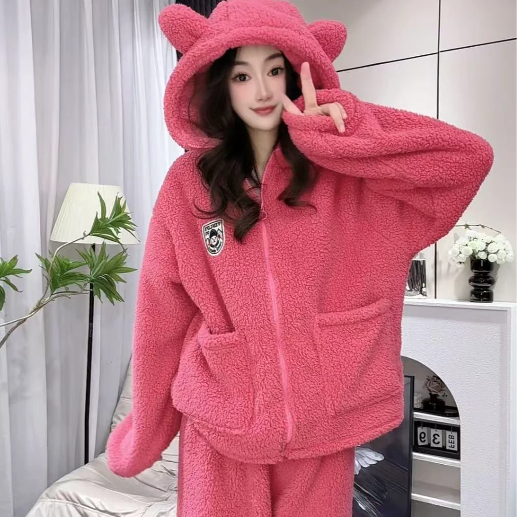 【加厚北羔绒】秋冬款加绒加厚北羔绒睡衣连帽拉链套装家居服可外出