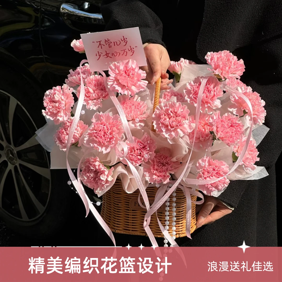 19支樱花粉康乃馨手提篮送妈妈送爱人送闺蜜送好友