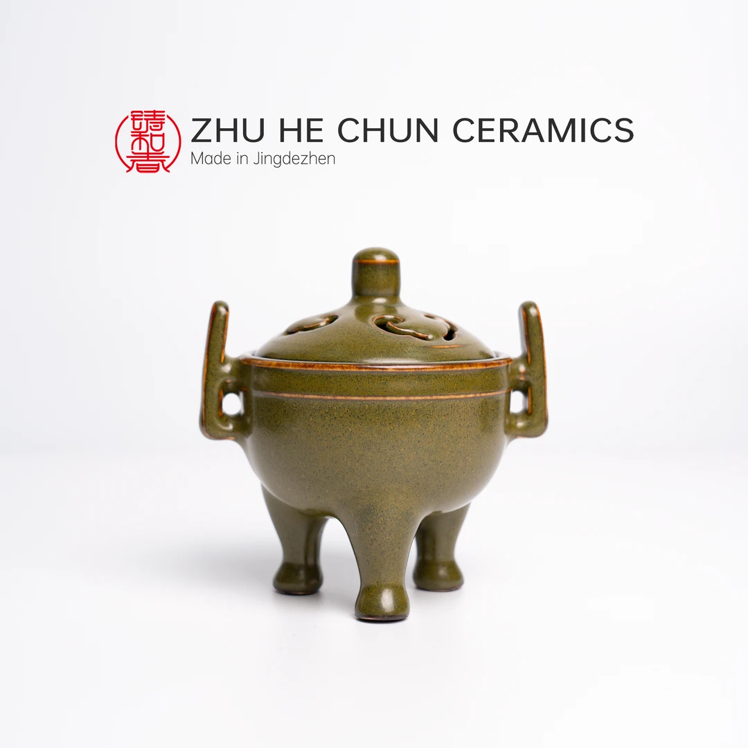 茶叶末釉三足香炉 蟹甲青 烧香摆件 景德镇手工柴窑