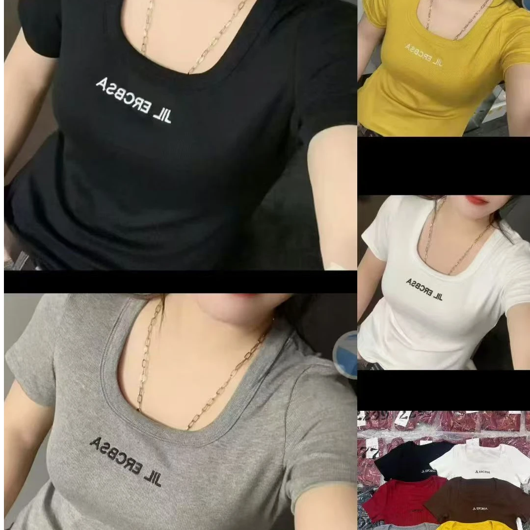 【彤彤家】31283#字母刺绣显瘦方领短袖上衣Y/530