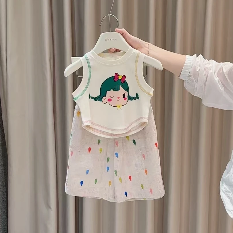 (现货)圆子家 奇妙之旅！韩系女宝宝度假风卡通背心直筒裤套装夏