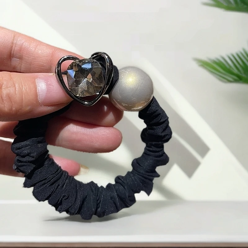 C009黑色韩版发饰新款发绳丸子头发圈珍珠头绳高级感头饰扎头发皮