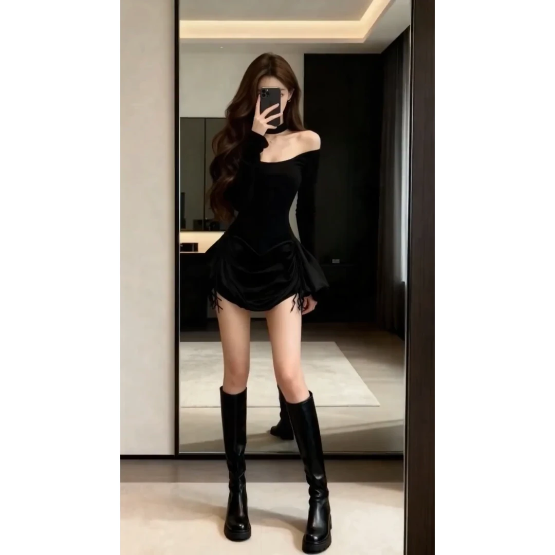 纯欲风辣妹一字肩秋冬新款御姐修身性感时尚气质名媛抽绳超短裙