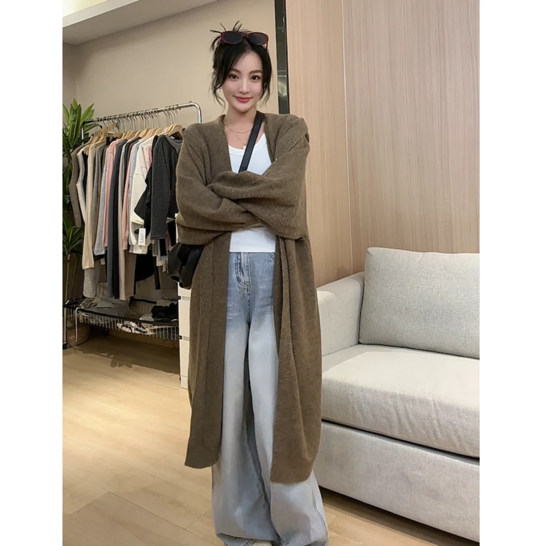 GTNER早秋新款连帽长毛衣开衫女网红气质慵懒风中长款针织衫S1066