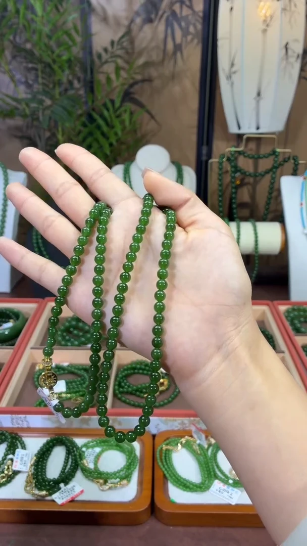 和田玉（碧玉）未镶嵌颈饰6mm菠菜无矿高货毛衣链