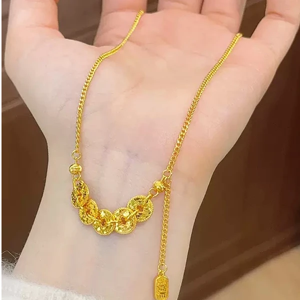 铜合金项链 金色五帝钱爆闪碎碎冰项链新中式女款精美气质百搭不H