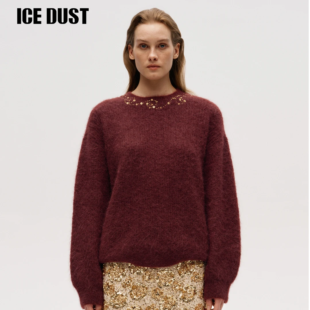 ICEDUST 珠片刺绣套头红色毛衣女25FW冬季新款羊驼毛针织内搭上衣