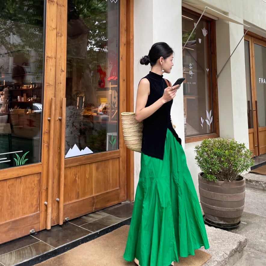 2025夏季新款女气质韩系穿搭无袖开叉上衣通勤绿色半身裙两件套装
