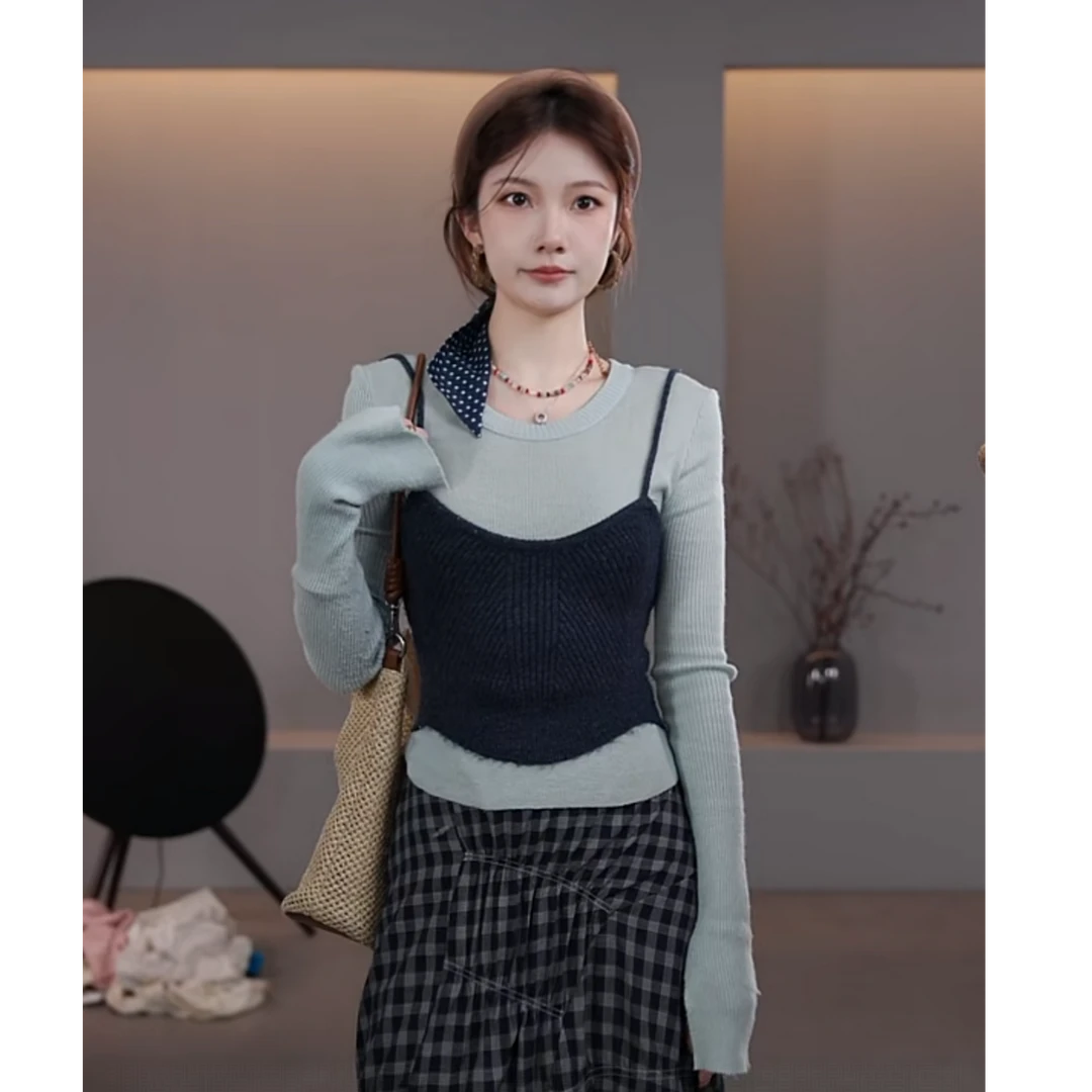 【LIbaibai】早秋新款长袖针织衫内搭时尚休闲假两件上衣DD-0590