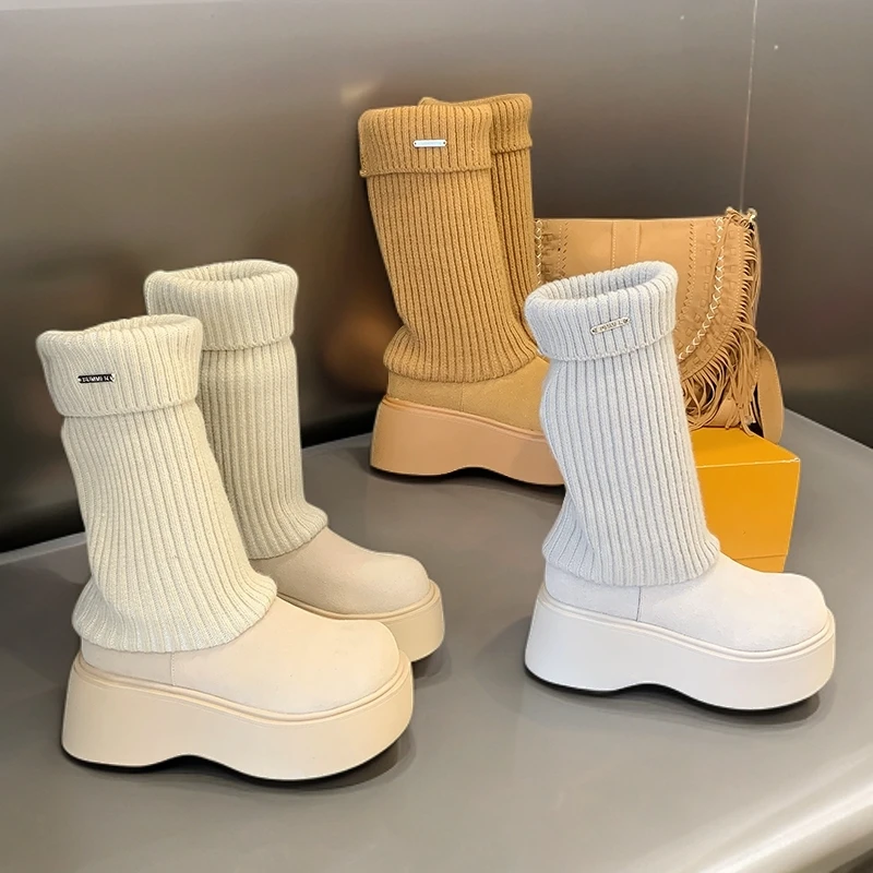 英伦风2025秋冬季新款绒面女鞋厚底增高针织袜靴瘦瘦靴女高筒靴子