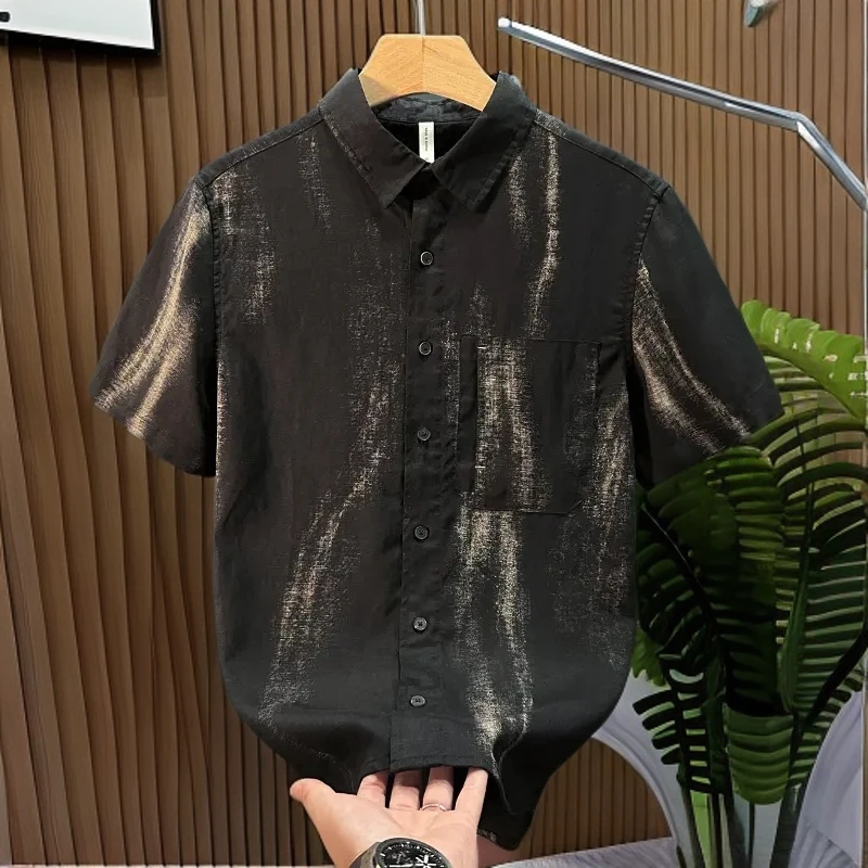 莱赛尔亚麻休闲衬衫轻奢潮牌夏季男士黑色复古百搭薄款修身衬衣